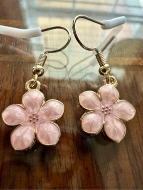 Gold tone and  Pink Enameled Flower Drop Earrings .65” long